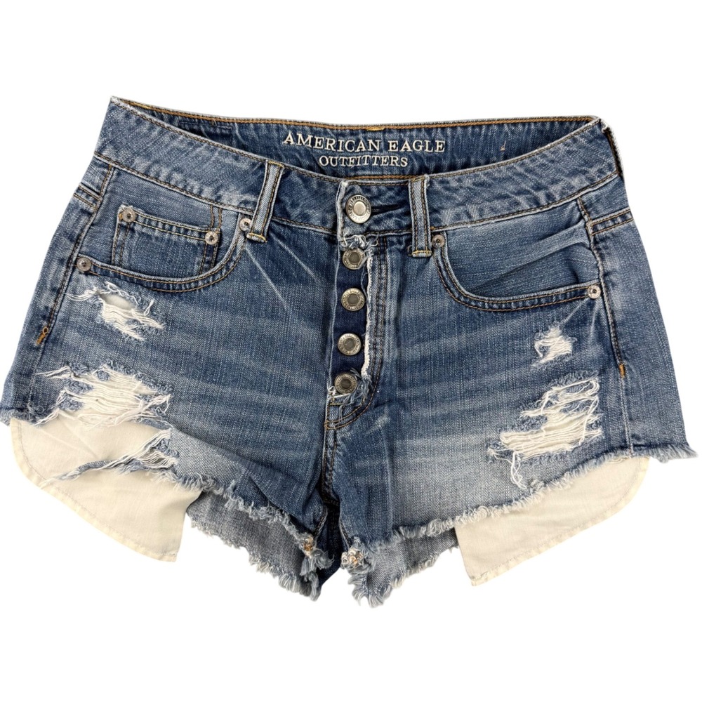 American Eagle Hi-Rise Festival Distressed Blue Denim Shorts Button Fly Women 27